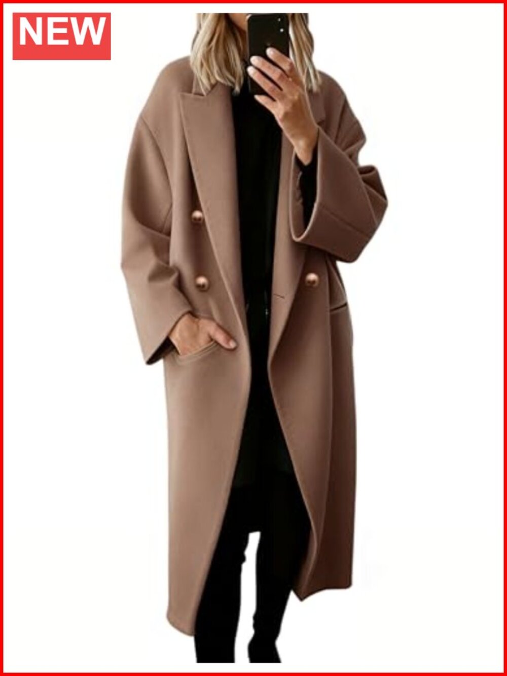 Women's Wool Blend Double Breasted Coat Drop Shoulder Long Sleeve Notch Lapel